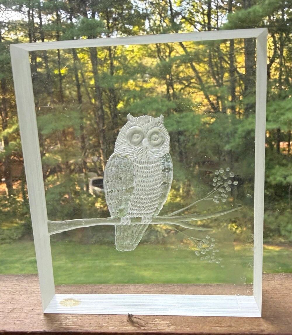 Vintage Lucite Owl Sculpture Paperweight Nature Etched Art